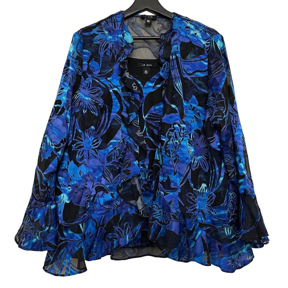 Le Bos Womens Chiffon 2 Piece Cardigan Top Tank Size 16W Black Blue Bell Sleeves